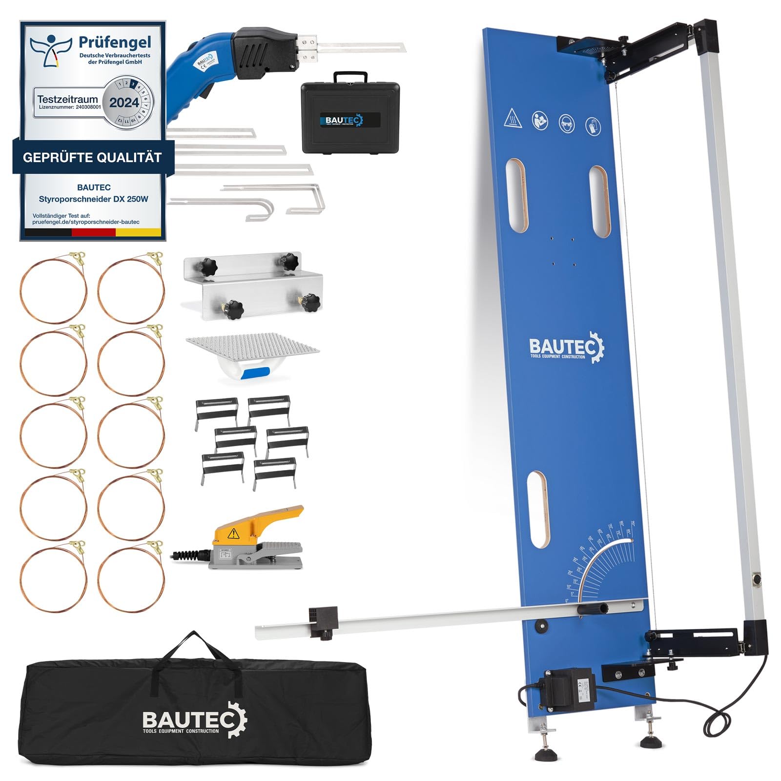 BAUTEC Styroporschneider GAZELLE 2.1 + STYROCUTTER 250W » Premium-Set mit 10 Schneidedrähten, Schleifraspel, Gerüsthalterung, Fußschalter, 6 Styrogrips, Softbag + Klingenset für Handschneider