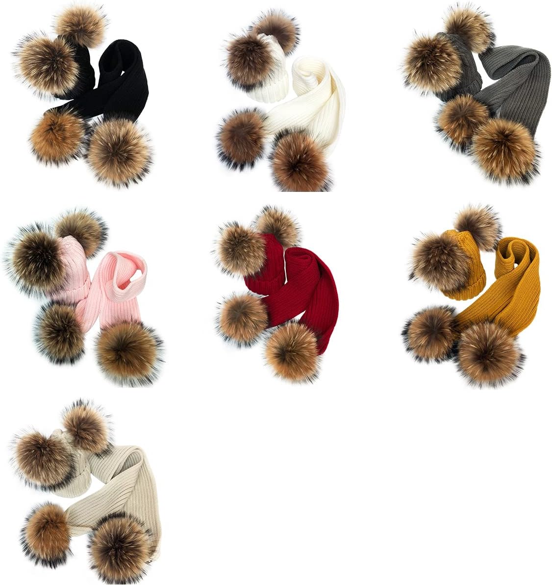 Hat and Scarf Set for Adults and Kids, Winter Knitted Beanie Hat and Long Scarf Set with Faux Fur Pom Poms