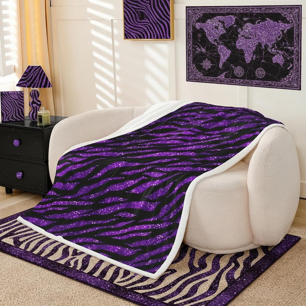 Manta de cebra púrpura con purpurina y textura de piel para decoración clásica