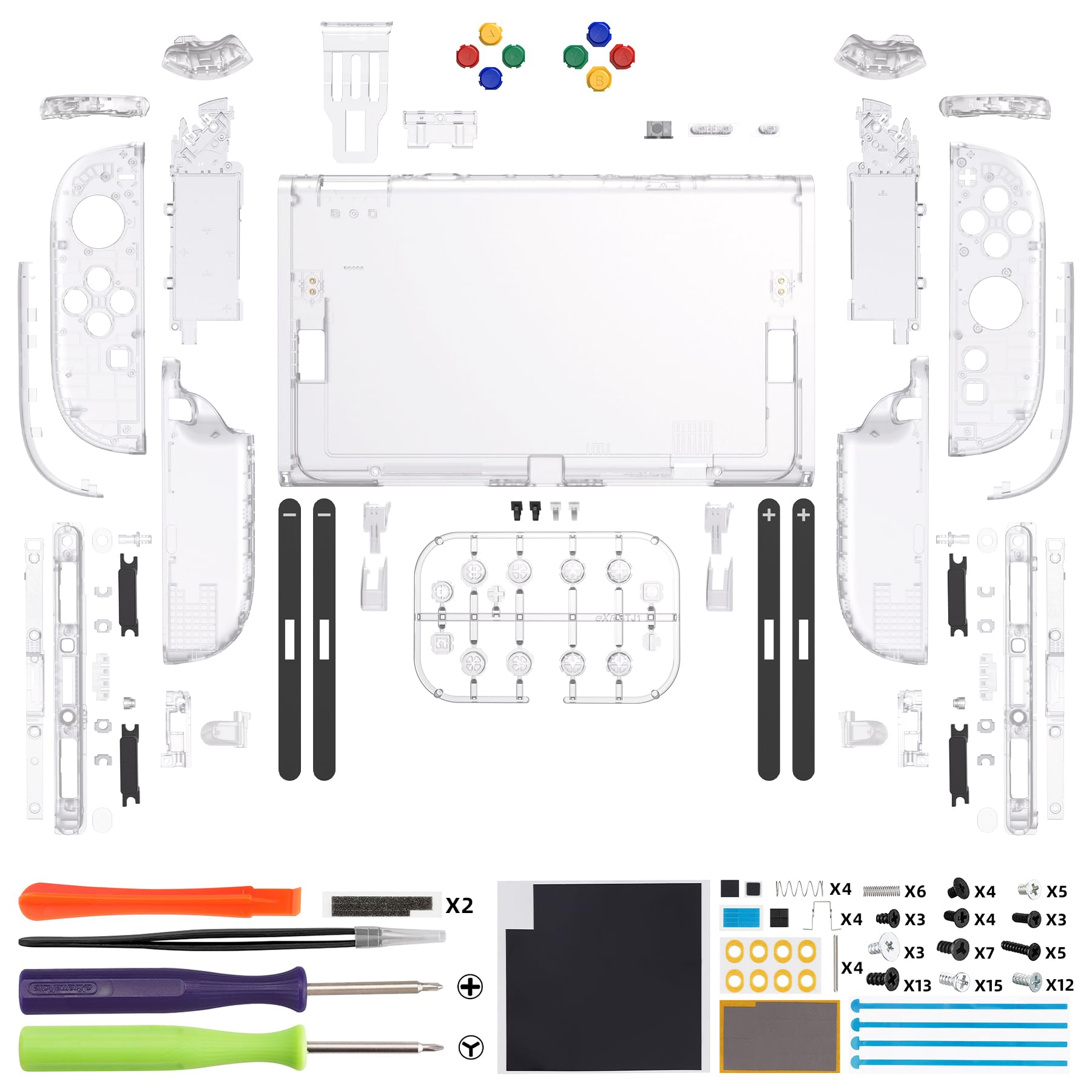 eXtremeRate DIY-Full Shell & Buttons Set für Nintendo Switch 2 Konsole, Deluxe Version Custom Faceplate/Backplate/Grips Joy con Case Zubehör – Transparent