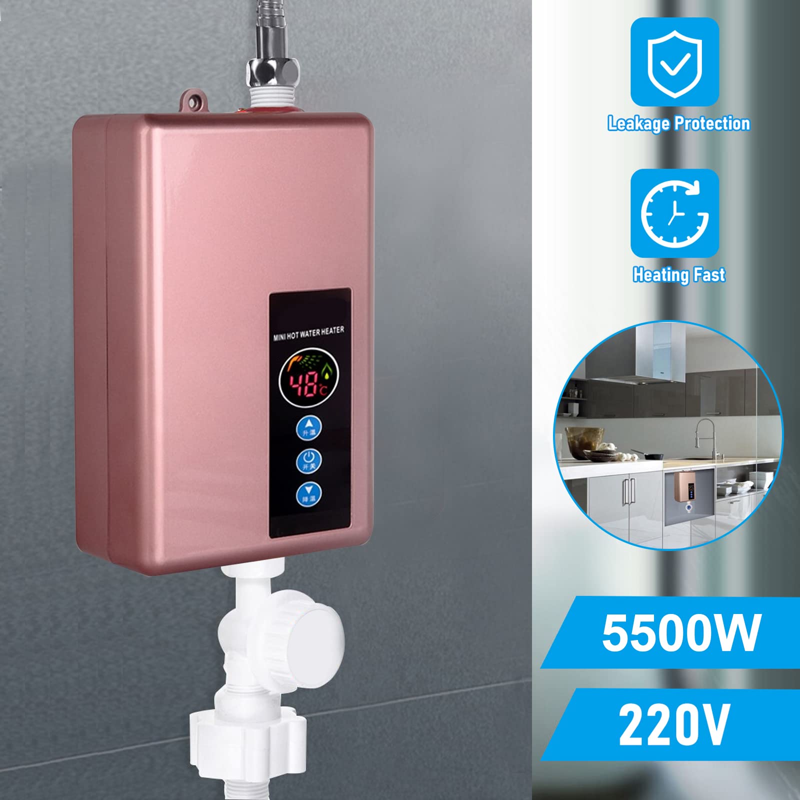 Calentador de Agua instantáneo, Calentador de Agua eléctrico sin Tanque de 220V 5500W con pantalla LED, protección contra fugas, ducha de apagado automático y sistema de agua caliente (oro rosa)