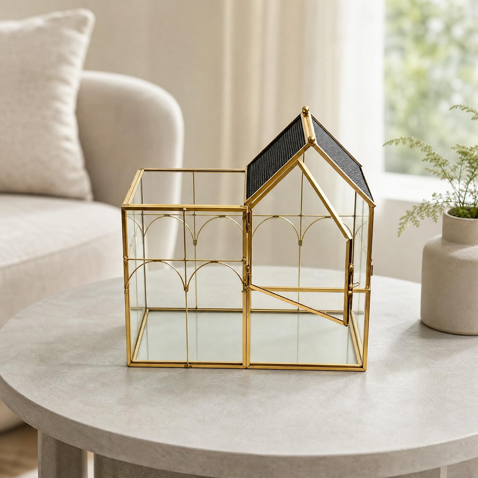 Gralara Terrario Terrario con Struttura in Metallo Ventilato Modello con Apribile per Arredamento Indoor, Oro