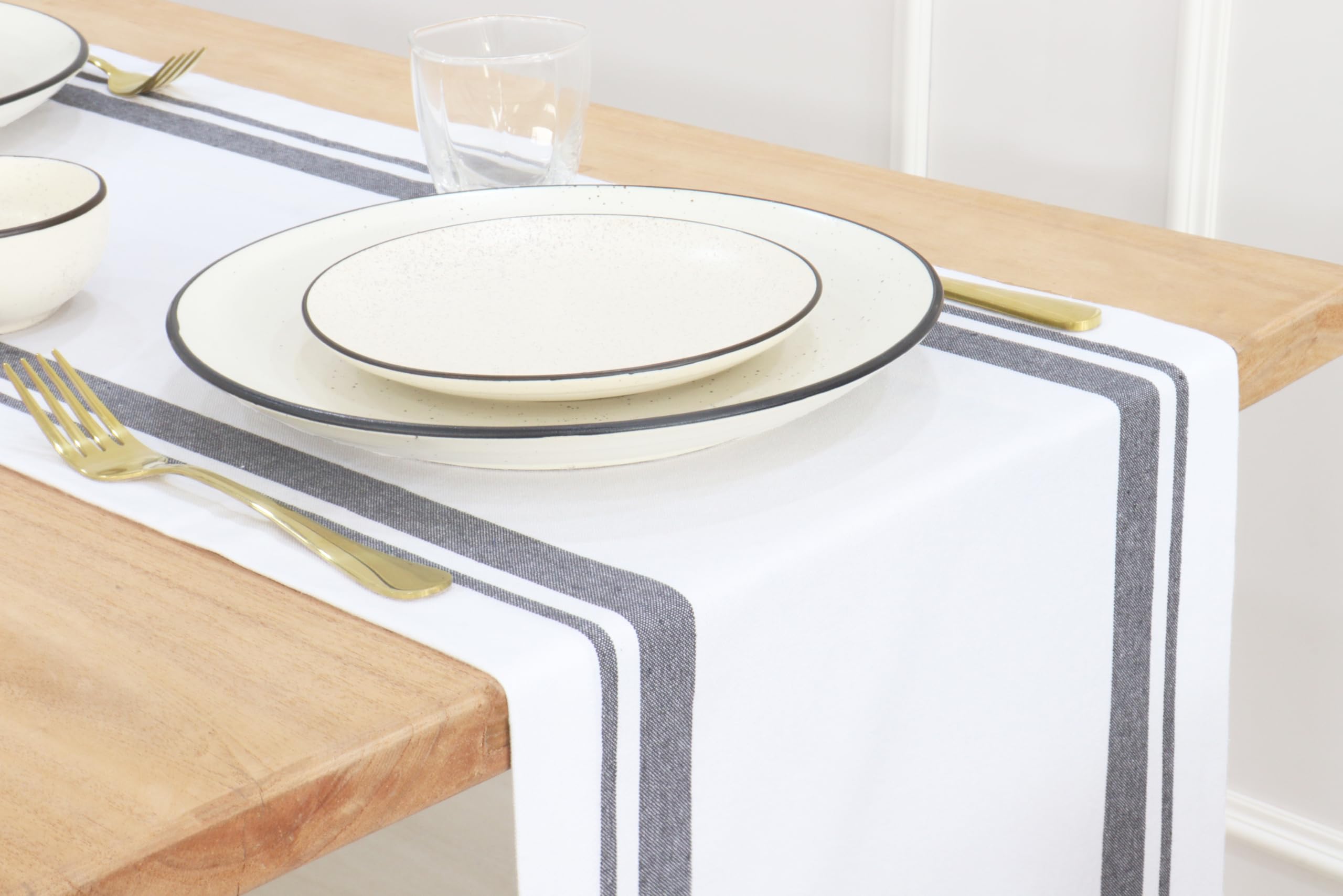 PurpleEssences Chemin de table à rayures françaises de 182,9 cm de long, 35,6 x 182,9 cm, 100 % coton – Tissu durable lavable pour printemps, été, Pâques – Gris et blanc