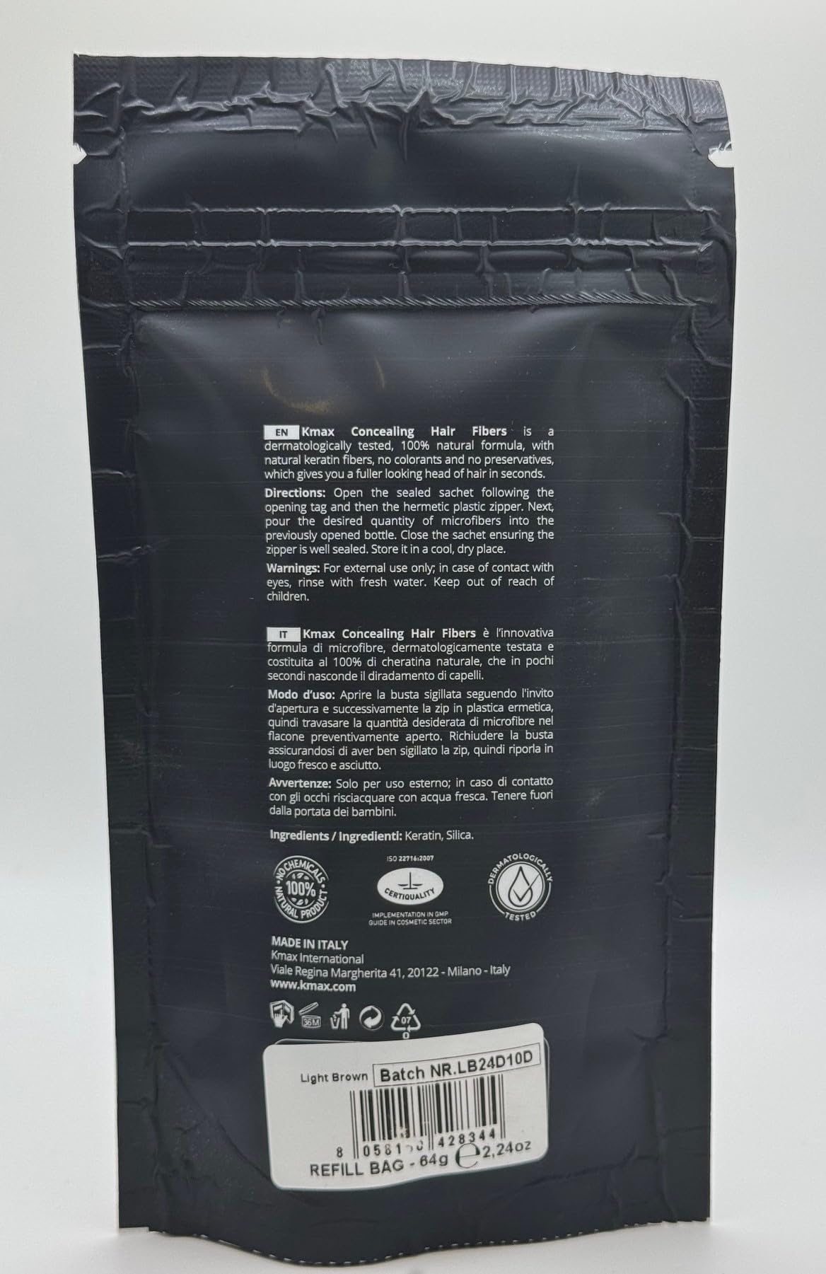 Kmax Concealing Hair Fibers Refill - keratynowe włókna do włosów, puder do włosów dla efektu zagęszczania włosów, włókna do włosów do zakrywania łysienia - 64 g wkład - ciemnoszary
