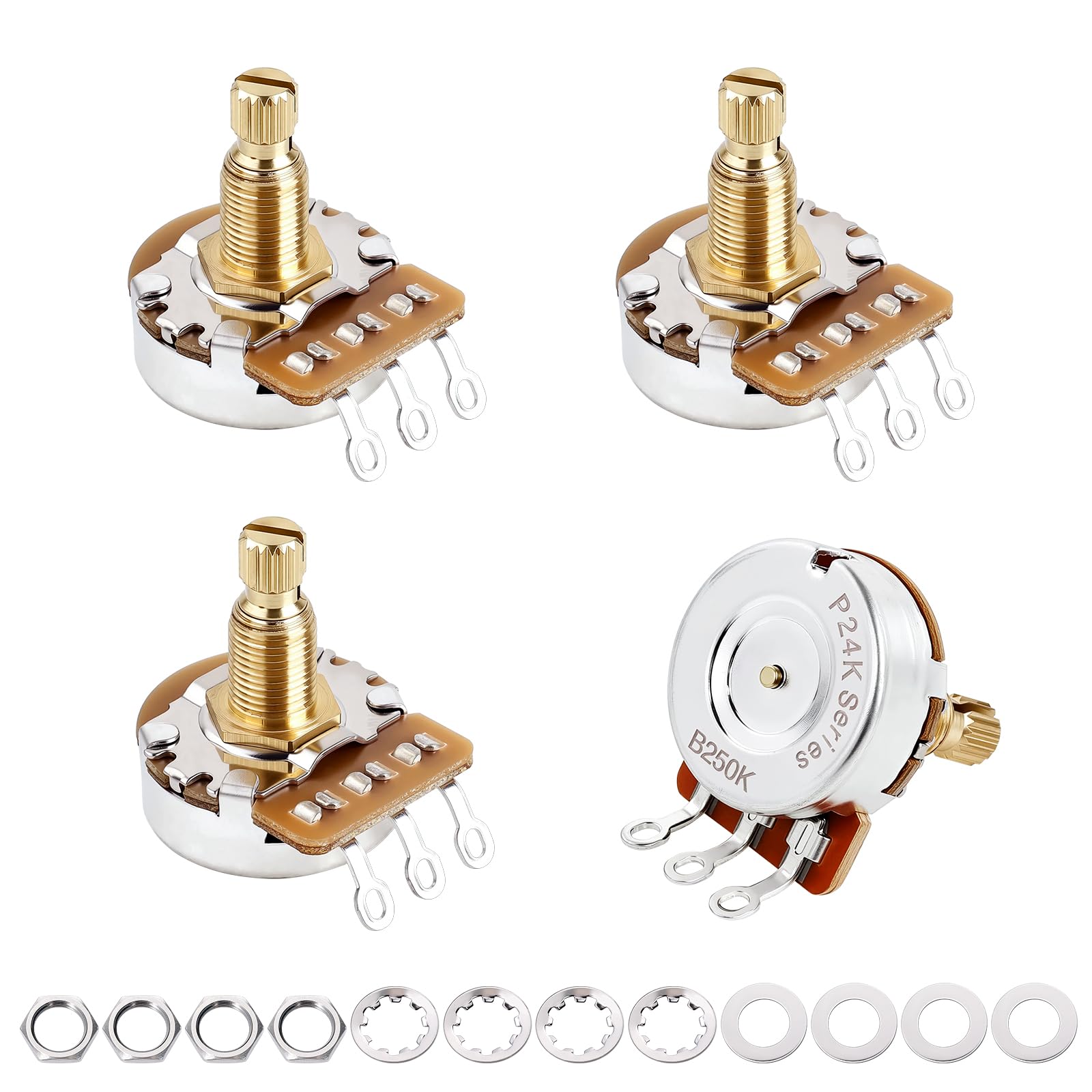 Banworks Brass B250K M8 Thread Full Sized Electric Guitars Pots Metric 18-Spline Split Long Shaft (18mm Length) Linear Taper Potentiometer for Epiphone Les Paul LP/SG Squier Strat/Tele 4pcs JT/XNQ-16