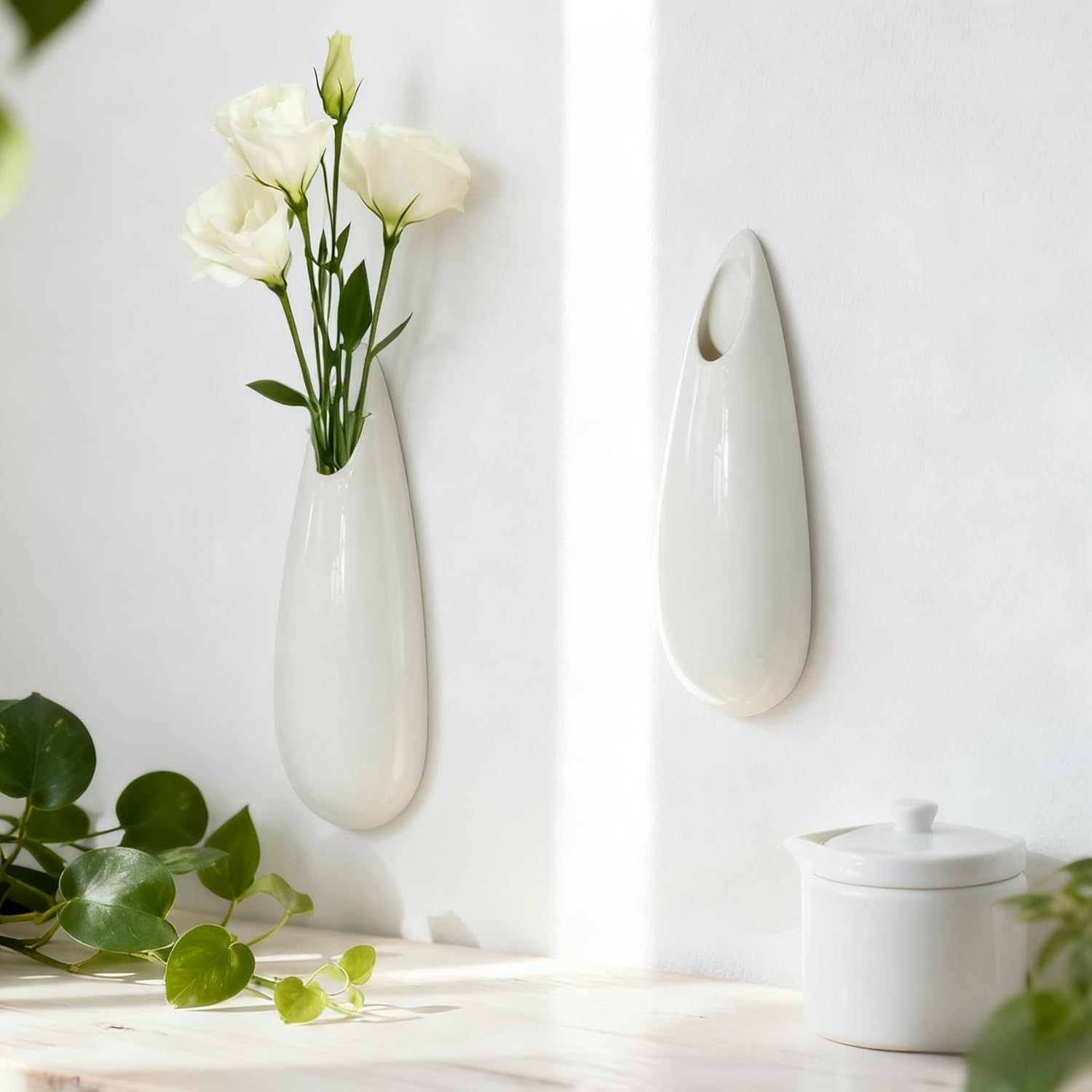 Hanging Ceramic Wall Vases, 7.9 Inch, Set of 2, Cubicle Modern Decor Wall Plant Holder Vase for Indoor Plants,Propagation Hanging Flower Pots for Air Vases,White