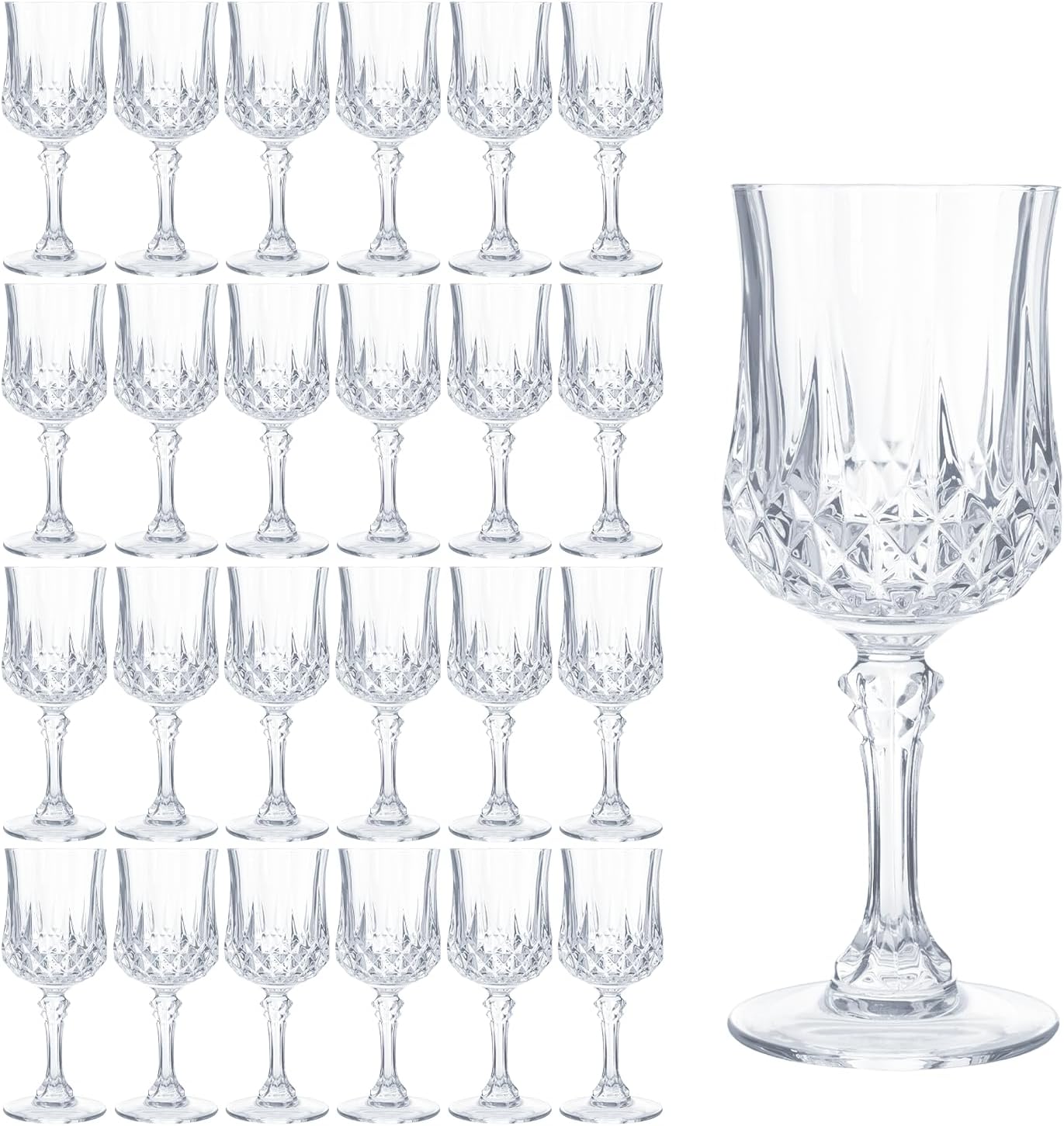 24 Pack 7 oz Vintage Plastic Wine Glasses Goblet Set, Unbreakable Champagne Flutes Cordial Drinking Water Glasses, Bulk Reusable Wine Drinkware for Wedding Reception Bar Party Favors Supplies