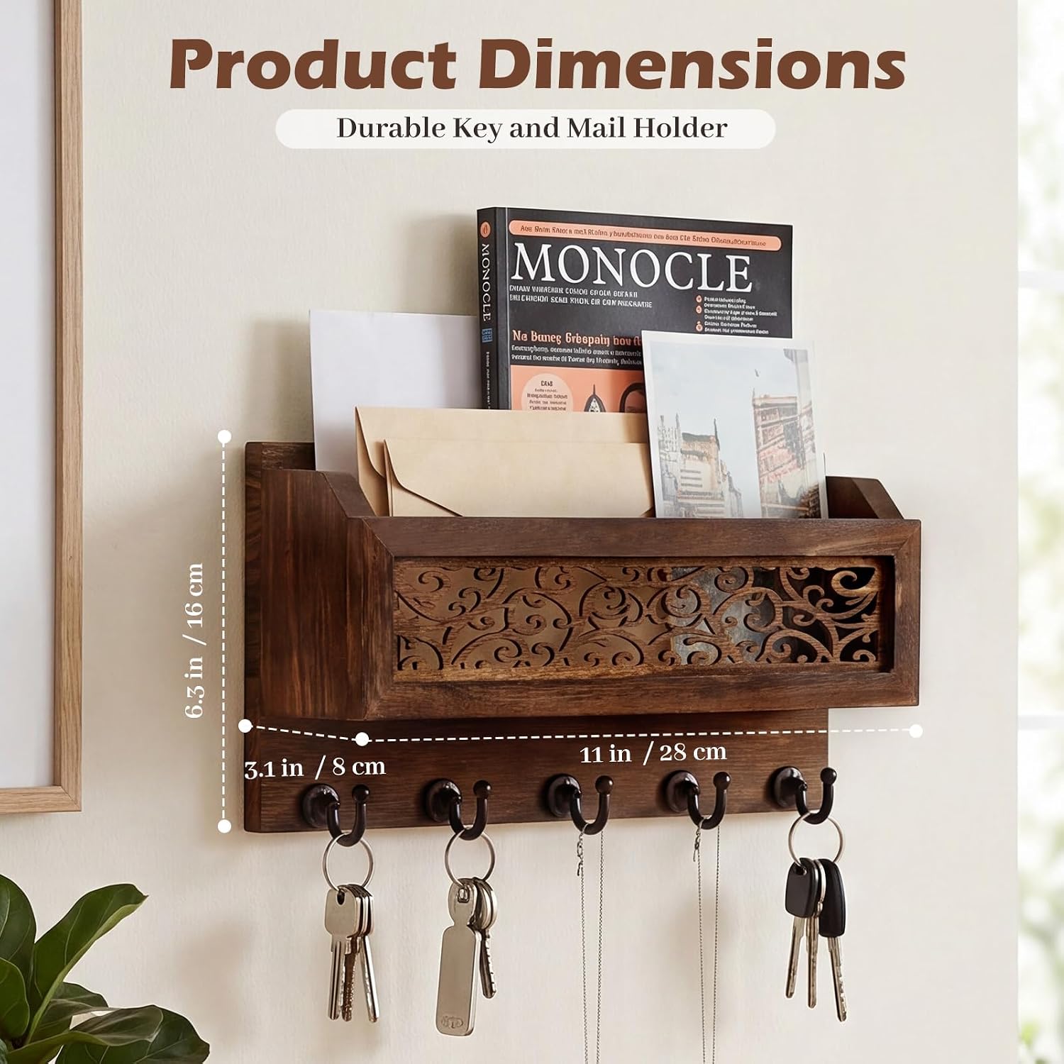 Novabright Wooden Key Rack Wall Mount with Mail Holder, 5 Hooks Carved