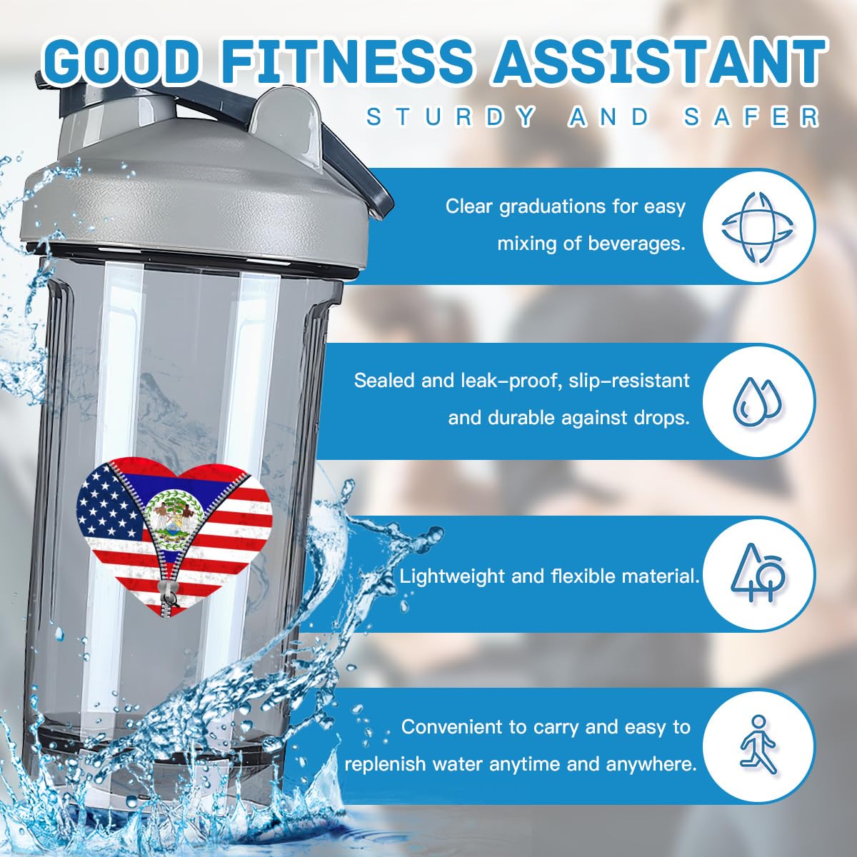 Heart America Flag and Belizean Flag 18 Ounce Shaker Cup,Fashion Theme Pattern Shaker Bottle Leak-proof Workout Shake Bottles 500ML/18 oz Perfect for Pre Workout