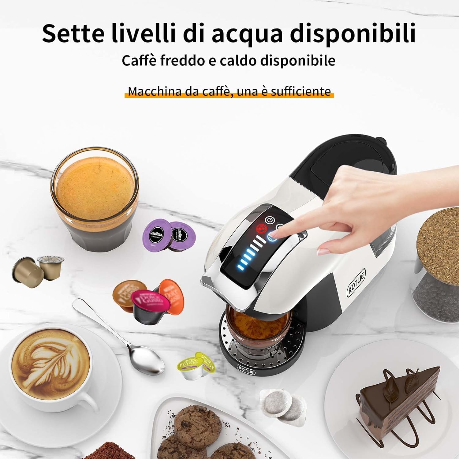 KOTLIE EM-308A Macchina da caffè a capsule 5 in 1,per Nespresso Original/per Lavazza a modo mio/per Dolce Gusto/ESE(44mm)/Caffè in polvere,supporto per l'estrazione a freddo(Bianco)