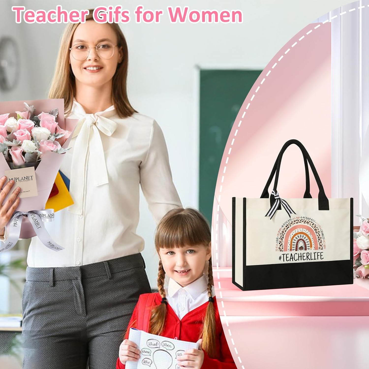 Teacher Gifts for Women, Canvas Tote Bag with Makeup Bag, Beach Bag with Zippe - Image 7