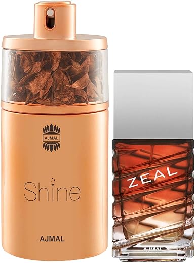 Ajmal Shine EDP Floral Powdery Perfume 75ml for Women and Zeal EDP Aquatic Woody Perfume 100ml for Men + 2 Parfum Testers FREE