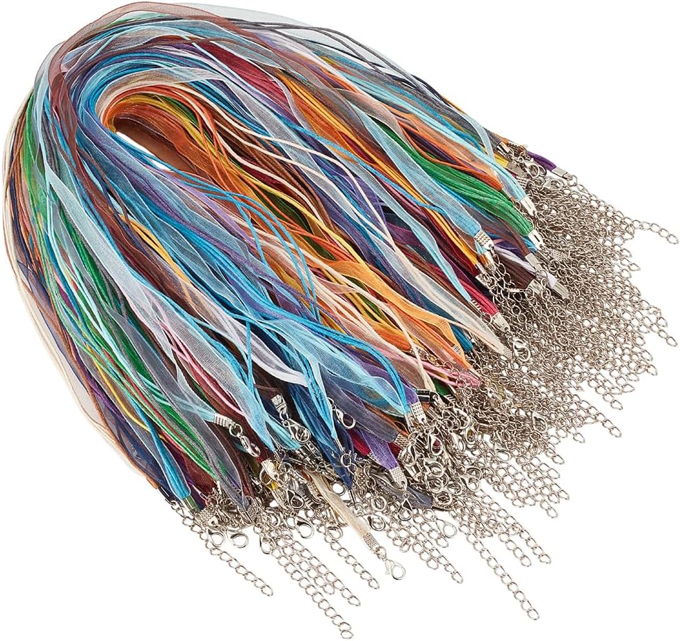 100Pcs 20 Colors Mixed Color Waxed Necklaces Cord Colorful Ribbon Necklace Cords String Organza Chains with Platinum Iron Lobster Claw Clasps for Pendants Jewelry Making Accesories Supply