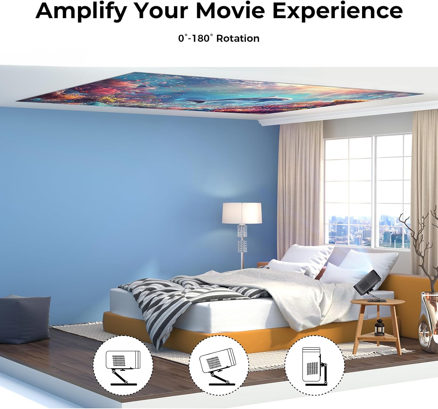 Projector mount used for ceiling projection in a bedroom
