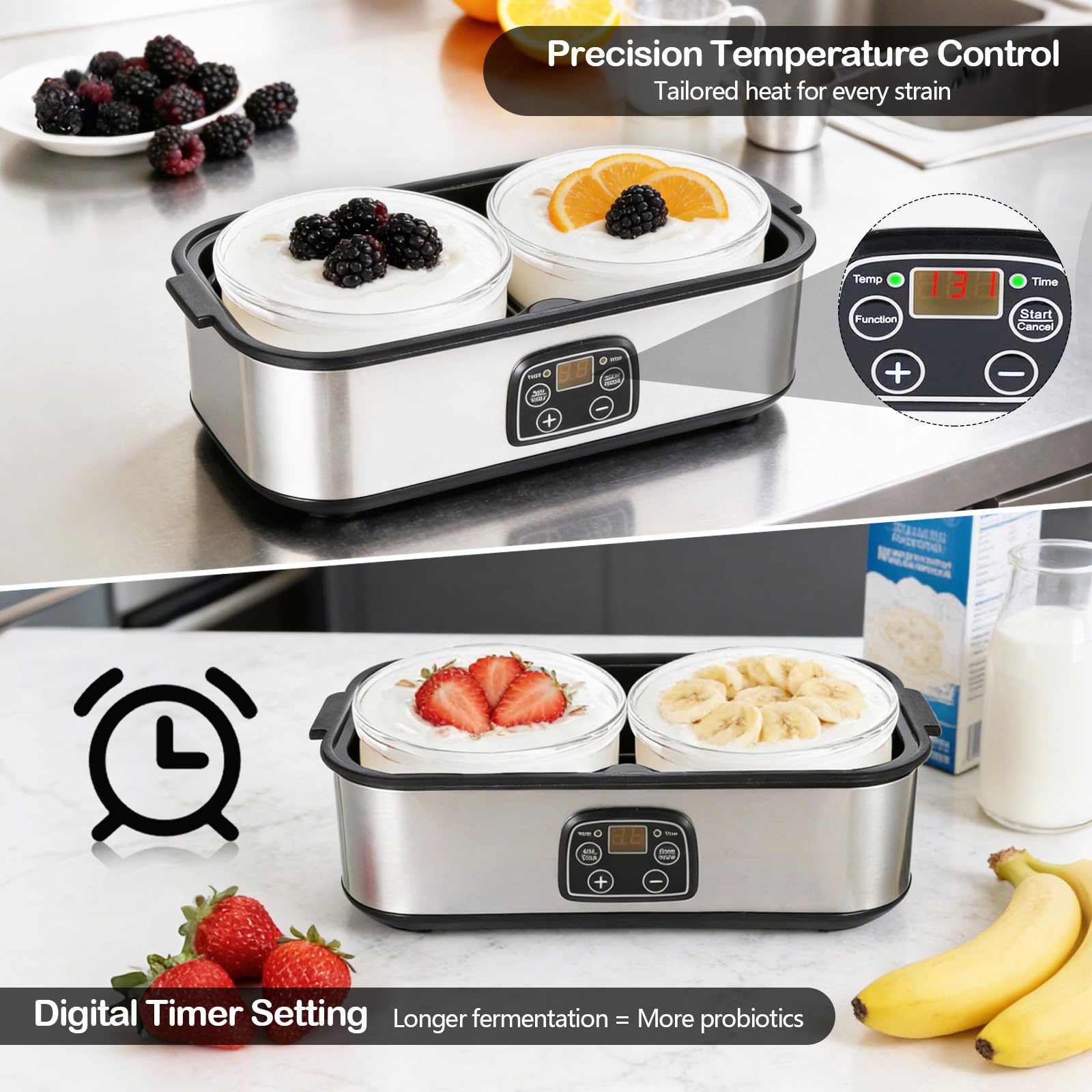 Joghurtbereiter 2L, Joghurt Machine, Digitale Joghurtmaschine aus Edelstahl, Automatischer Joghurt Maker für DIY selbstgemachten Joghurt, Käse oder Natto zu Hause (2 x 1L Gläsern)