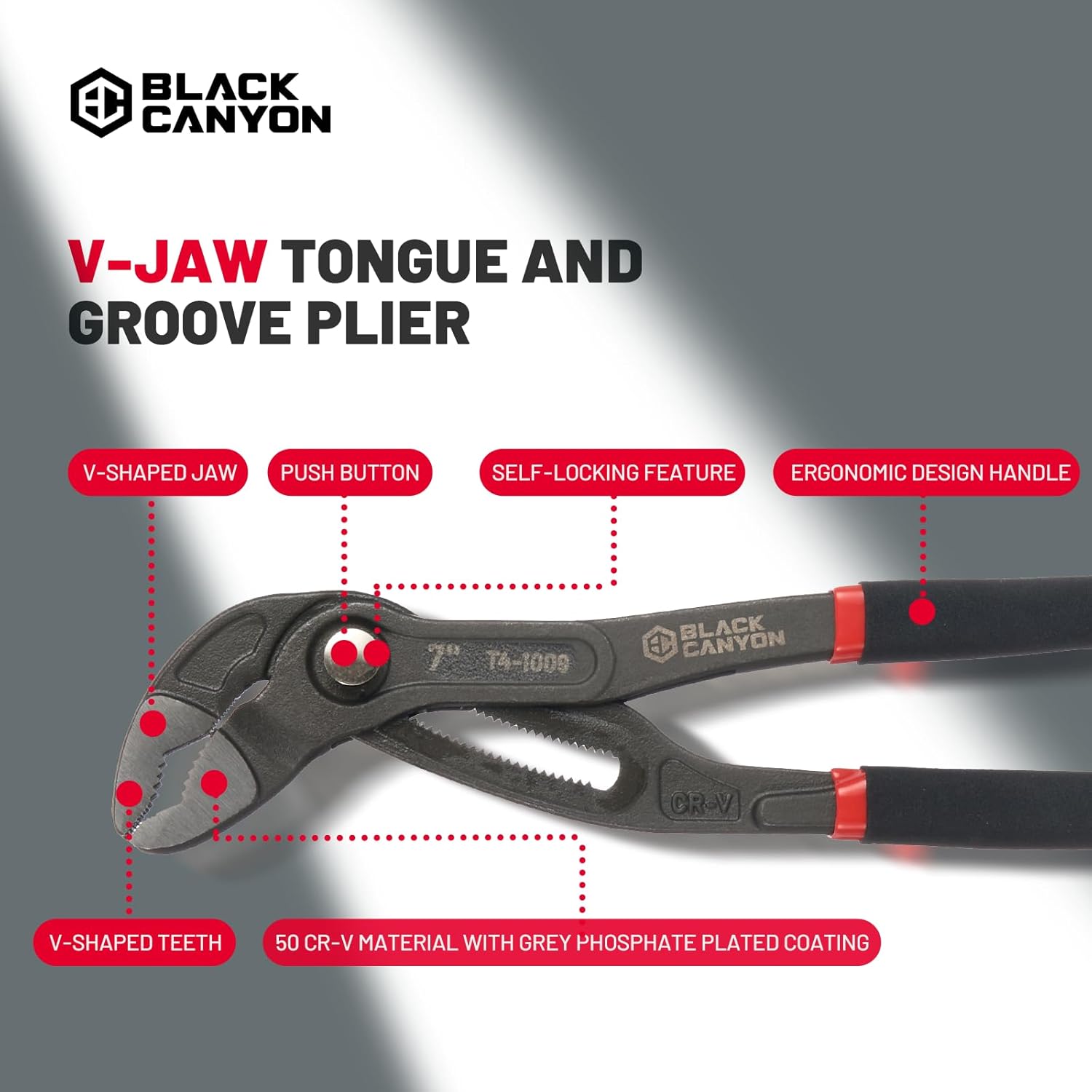 BLACK CANYON 7" Tongue and Groove Pliers, V-Jaw Groove Joint Plier with 25 Adjustable Positions, Heavy Duty 50 Cr-V Steel, Non-Slip Ergonomic Handle for Plumbing, Nuts, Bolts & Automotive Repair