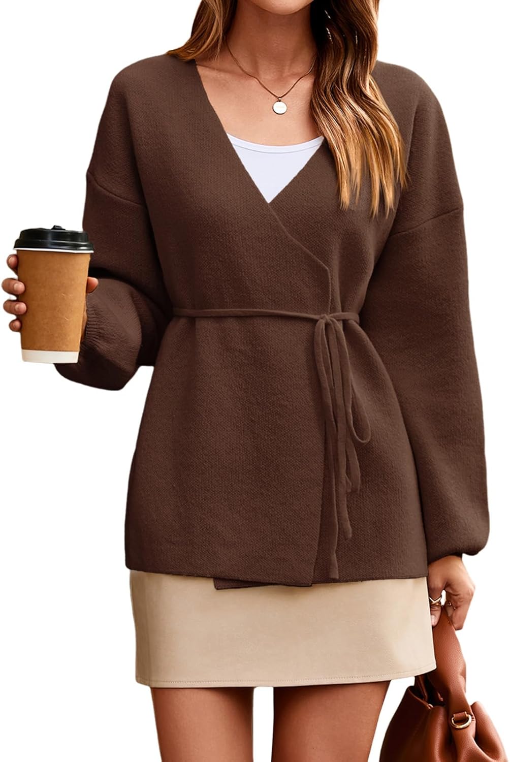 Saodimallsu Womens Wrap V Neck Cardigan Sweaters Tie Front Long Sleeve Soft Knit Dressy Work Fall Sweater Blazer Coffee
