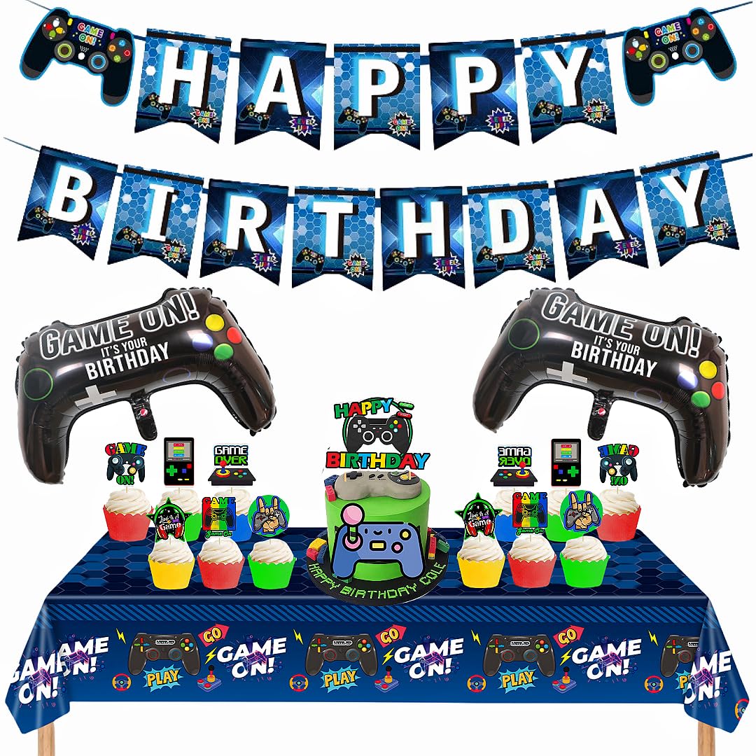 YANXIR Video Game Birthday Decorations Set, Gamer Birthday Party Decorations with Happy Birthday Banner Birthday Cake Topper Birthday Party Tablecloth