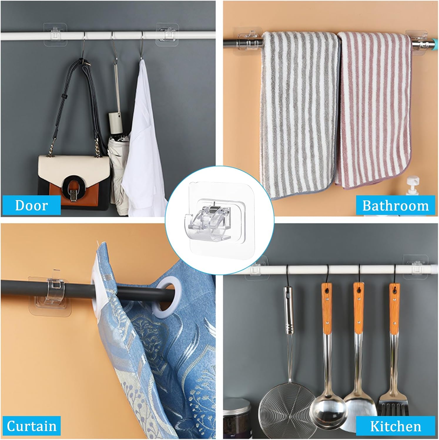 Pack of 16 Self-Adhesive Curtain Rods Holder Curtain Rod Holders No Drilling Transparent Curtain Rod Holder Curtain Rod Holder for Living Room, Bedroom, Bathroom, Hote