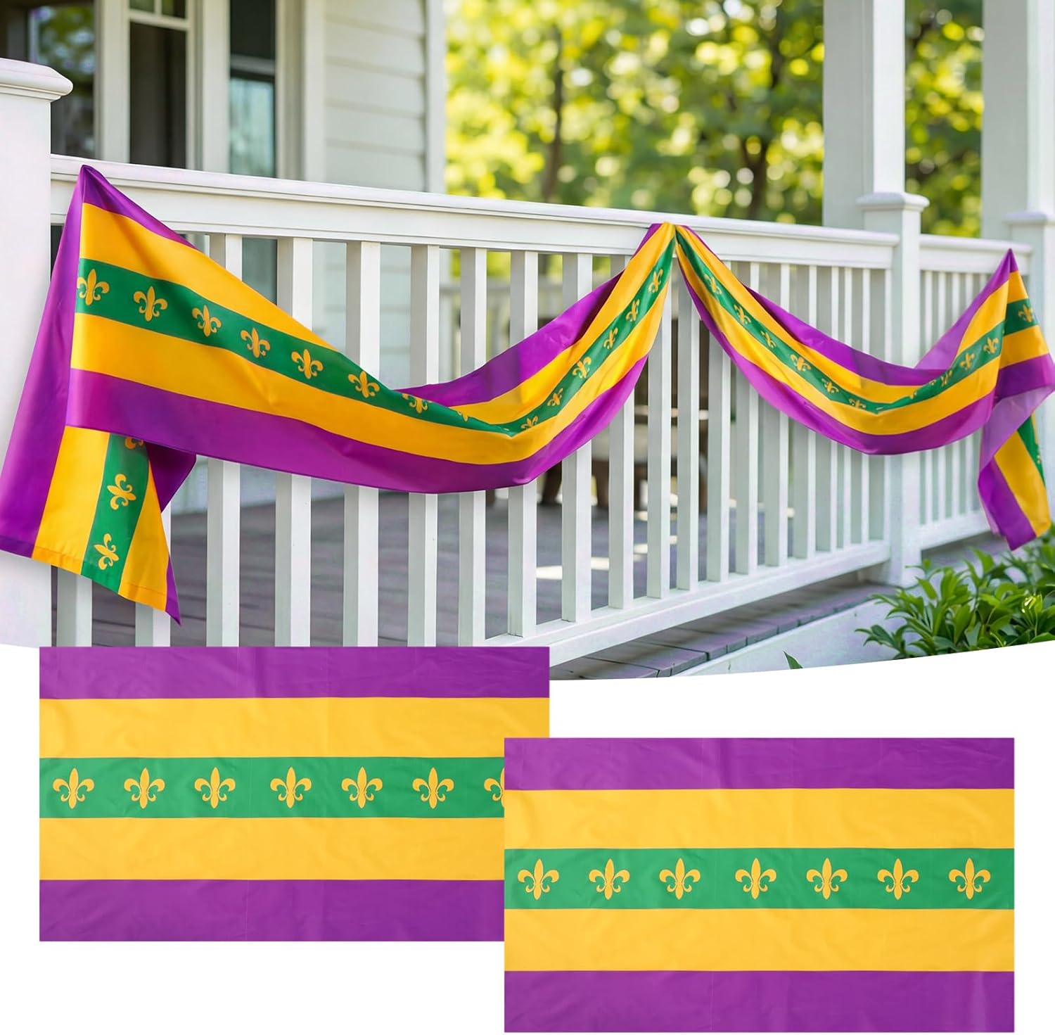 Hahafelt 2 Pack Mardi Gras Bunting Flag 2 x 20 ft New Orleans Mardi Gras Porch Bunting Flag Banner Yellow Green Purple New Orleans Carnival Party Hanging Decoration for Outside Porch Window Decoration