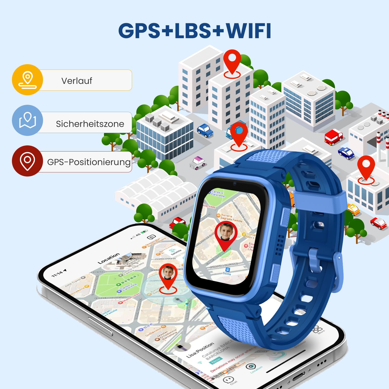 K10 4G Kinder Smartwatch mit GPS und Telefonfunktion, 1,8-Zoll-Bildschirm, 950mAh, IP68 Wasserdicht, Schulmodus, SOS-Notruf - Smartwatch für Kinder ab 6Jahren (Blau)