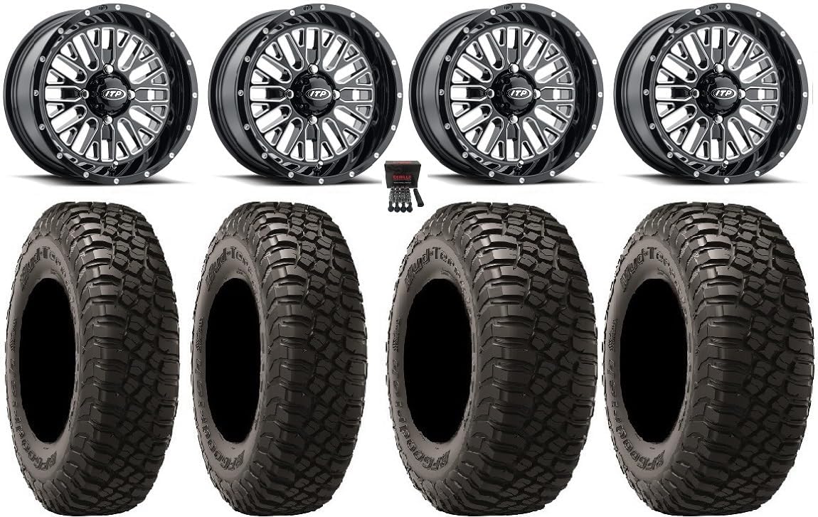 Bundle - 9 Items: ITP Momentum 15" Wheels Milled 30" BFG KM3 Tires [4x156 Bolt Pattern 12mmx1.5 Lug Kit]