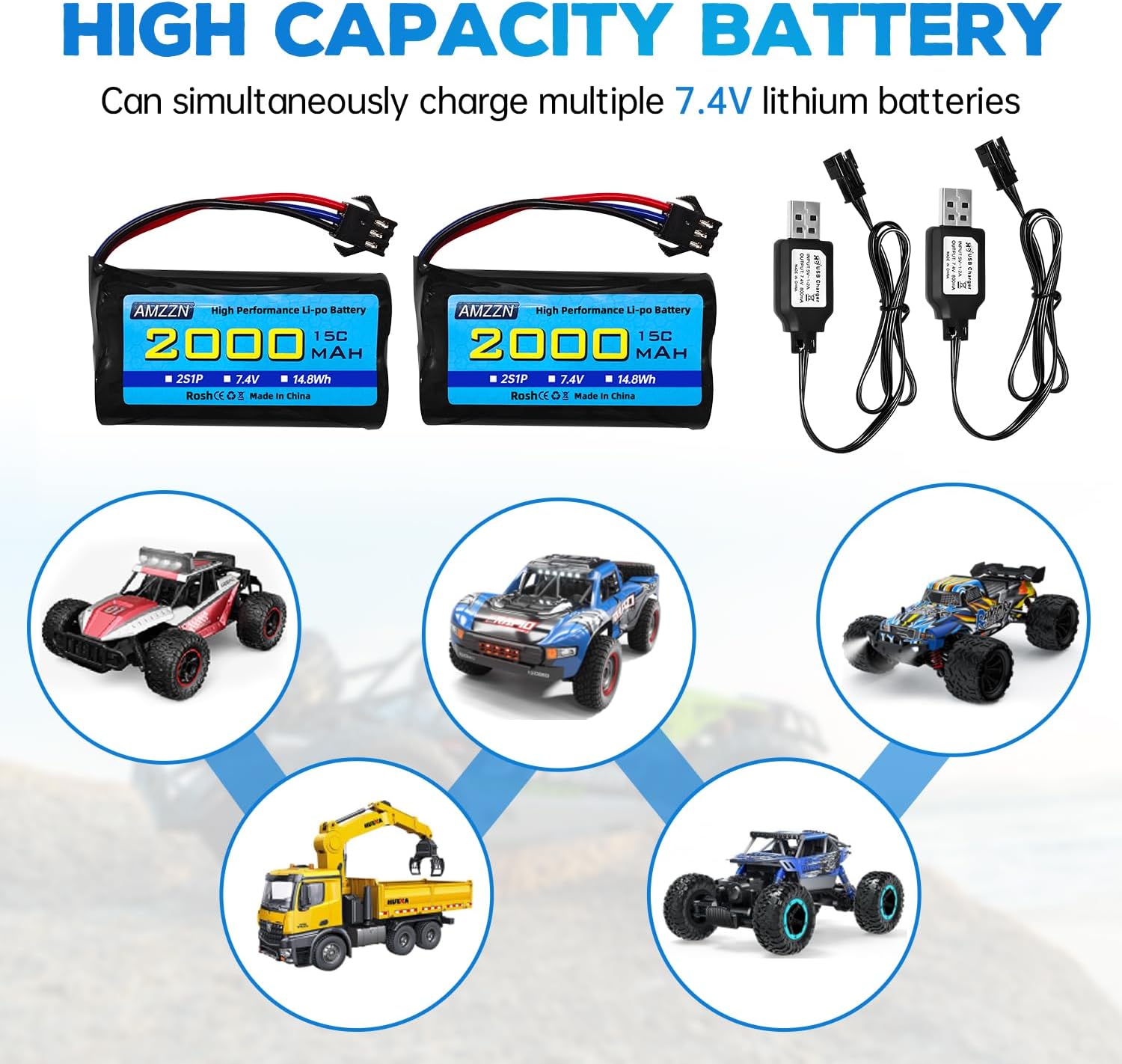 2PCS 7.4V 2000mAh 15C 2S SM-3P Plug Lipo Battery with USB Charging Cable for DE43 DE60 9500E 9309E RC Car Truck Huina 1575 RC Engineering Vehicle RC Toy Car (2PCS Battery+2USB)