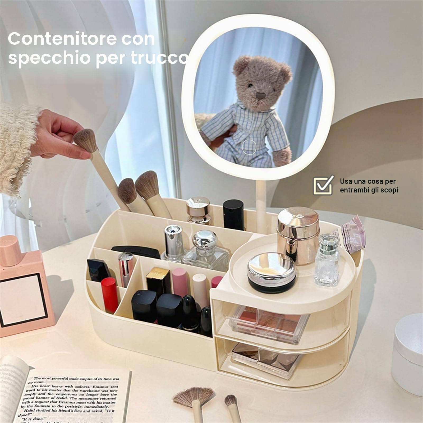 DASITON Organizer Trucchi con Specchio,Porta Trucchi Organizer con 2 Cassetti,Make Up Organizer Bagno per Cosmetici,Organizer Cosmetici Portatrucchi Organizzatore per Bagno,Camera da Letto(Crema)