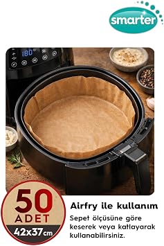 SMARTER 50 Adet Ağartılmamış Hazır Kesilmiş Pişirme Kağıdı Airfryer 42x37cm Yapışmaz
