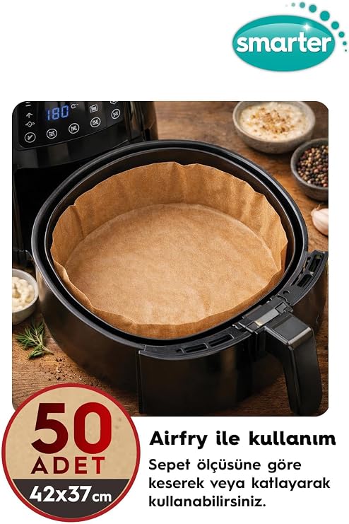 SMARTER 50 Adet Ağartılmamış Hazır Kesilmiş Pişirme Kağıdı Airfryer 42x37cm Yapışmaz