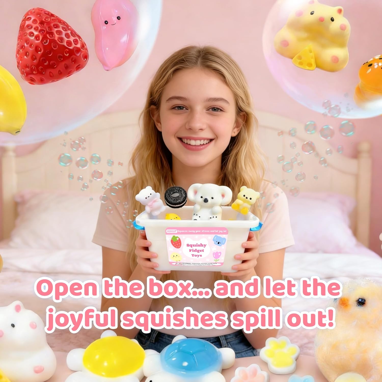 24 Pack Squishy Toys Kit, Ultra-Soft Squishies with Keychain & Storage Box, Sticky Squishy Sensory Squeeze Toys, Include Hamster, Strawberry, Chick Squishies for Stress Relief Party Favors