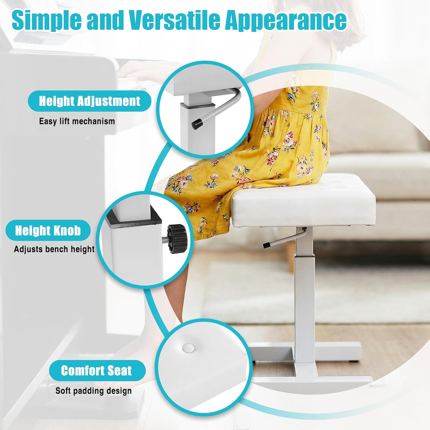 Keyboard Adjustable Piano Stool Hydraulic Lifting Piano with PU Leather Sponge Cushion Keyboard Chair for Musicians