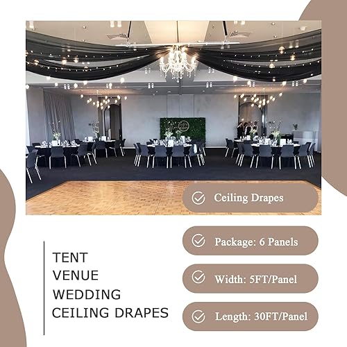 Miniatura 7 de Cortinas de techo negras para arco de boda, cortinas de gasa para boda, 6 paneles, 5 x 30 pies, decoración de cortina con bolsillo para barra