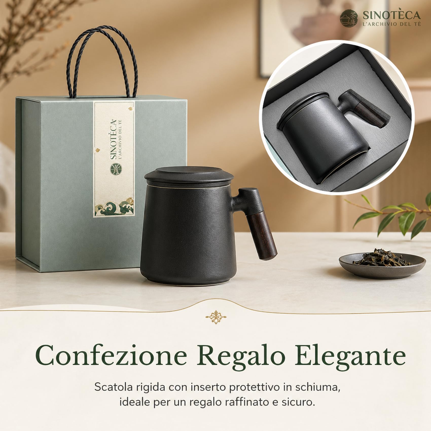 SINOTE'CA Tazza da Tè con Infusore e Coperchio 400ml, Set Regalo in Ceramica con Manico in Legno e Sottobicchiere, Tazza Tisana con Infusore Fine per Tè Sfuso, Confezione Regalo Elegante(Nero)
