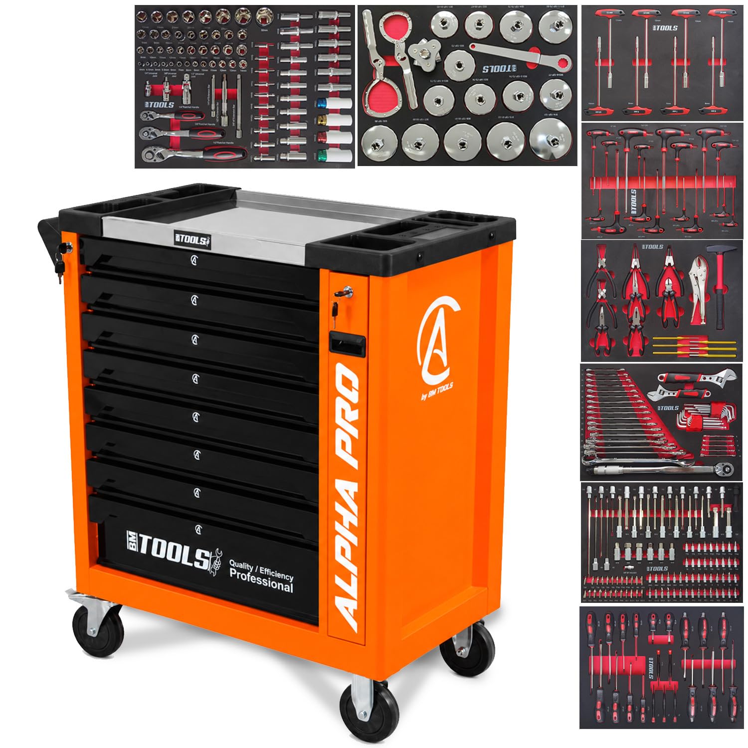 BM TOOLS Servante d'Atelier Garage Automobile Alpha-Pro - 9 Tiroirs - 311 Outils, 4 Roues, 2 Freins, Chariot Mecanicien - Orange