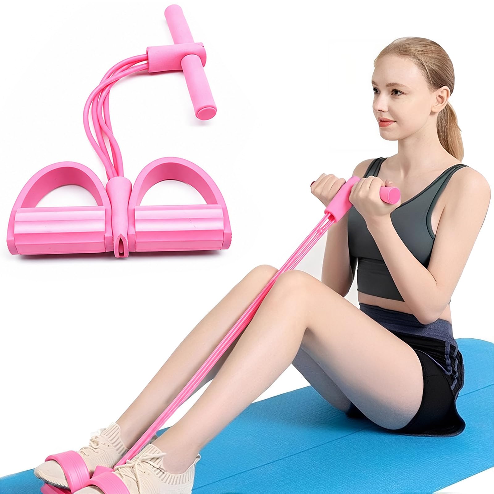 Voarge 4 Tubes Elastic Sit Up Pull Rope with Foot Pedal,Multifunction Resistance Training,Exerciser Tension Rope Sport Trainer Equipment for Legs Fitness Arm Leg Slimming Training, Pink