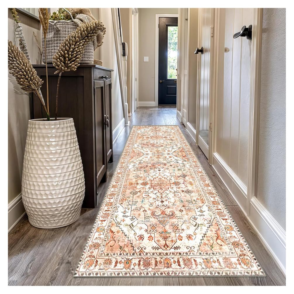 Tapis de couloir 60x350cm terracotta ethnique géométrique antidérapant