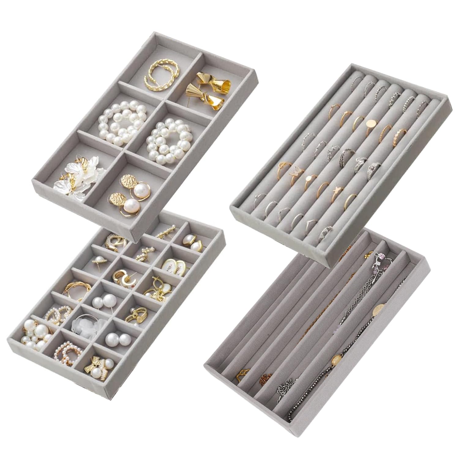 Organisateurs De Bijoux Pour Tiroir En Velours - Lot De 4 Plateaux Avec Séparateurs Amovibles - Beige
