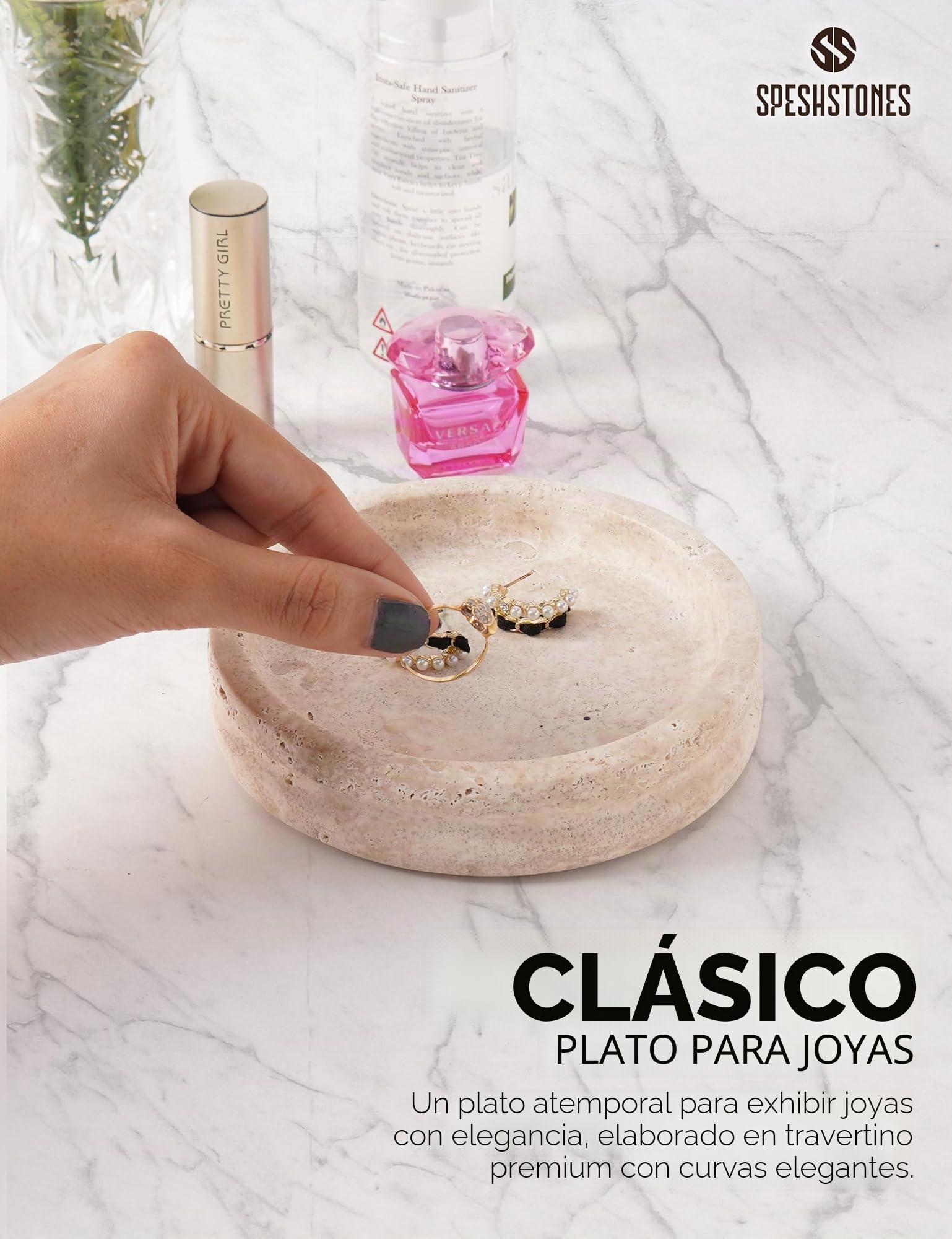 SPESHSTONES Plato de mármol para joyería, Soporte para Anillos Hecho a Mano de 5 Pulgadas, Bandeja de Piedra para Collares, aretes y Organizador de perfumes, Plato Decorativo para decoración