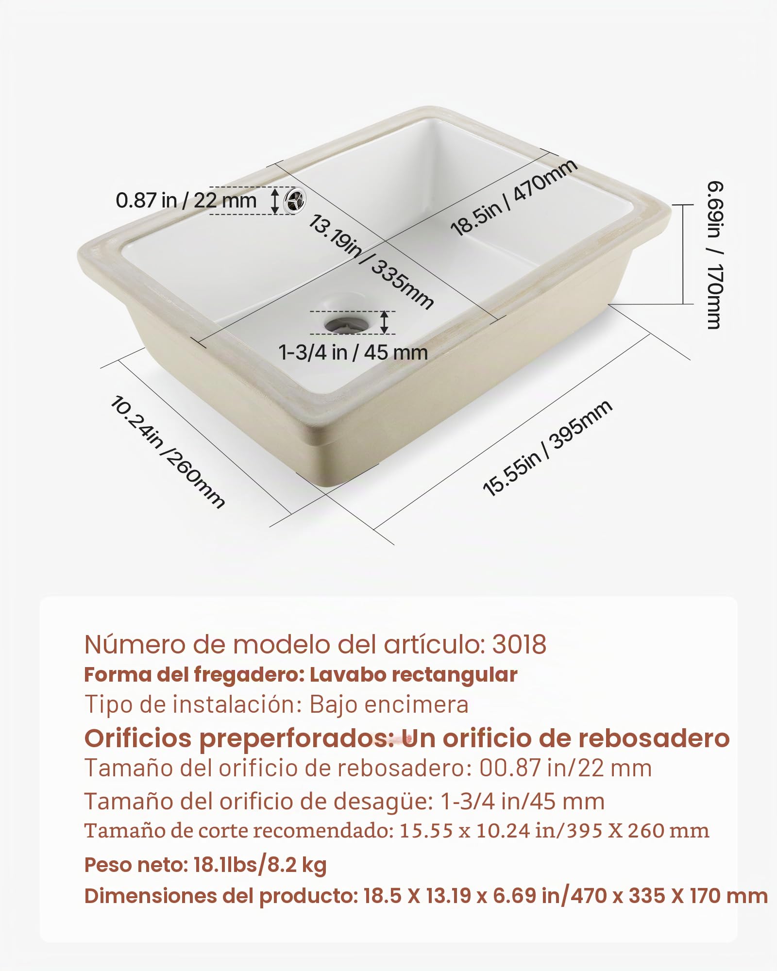 VEVOR Lavabo Bajo Encimera de Cerámica Rectangular, para Cocina, con Rebosadero, Resiste el Amarilleo y Conserva su Aspecto Radiante y Limpio, para Espacios Pequeños, Blanco, 470 x 335 x 170 mm