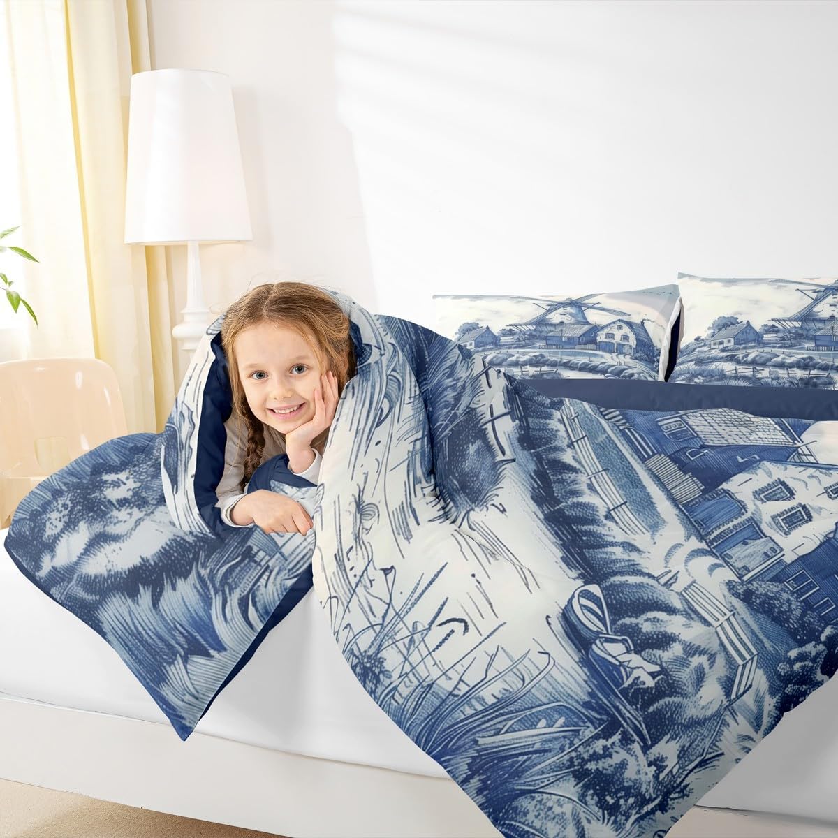 Erosebridal Vintage Dutch Windmill Bedding Set Queen Size Delft Blue Farm Comforter Rustic Farmhouse Duvet Insert,Soft Lightweight