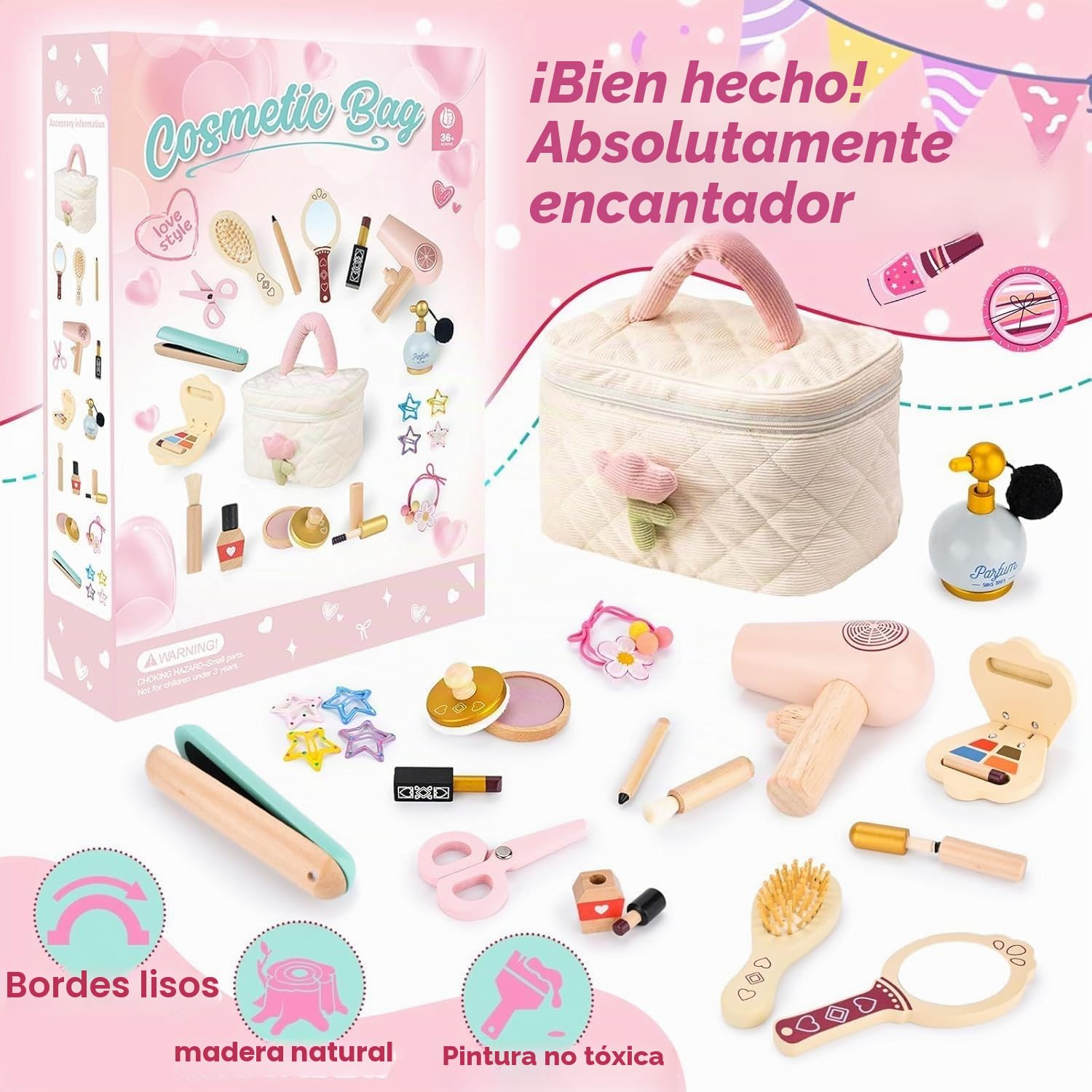 Set Maquillaje de Madera Niña,Set Maquillaje Niñas,Juguete con Neceser de Maquillaje,Conjunto de peluquería,Maquillaje Juguete de Madera,Juego de Roles,Regalo para niñas de 3 4 5 6 7 8Años