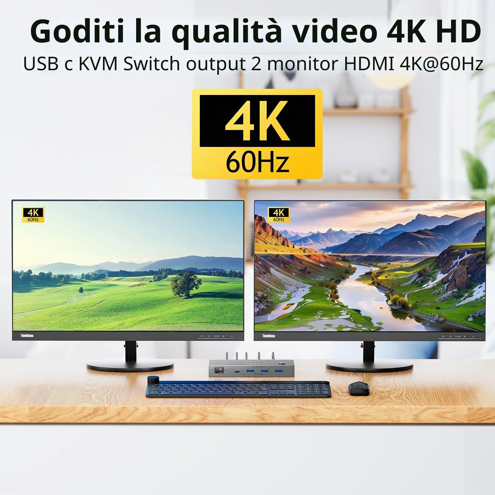 KVM Switch 2 PC 2 Monitor USB C HDMI, USB 3.0 KVM Switch Dual Monitor HDMI 4K@60Hz per 2 Laptops, MST, 80W PD, Wired Remote(4K USB-C HD 2 in 2 out)