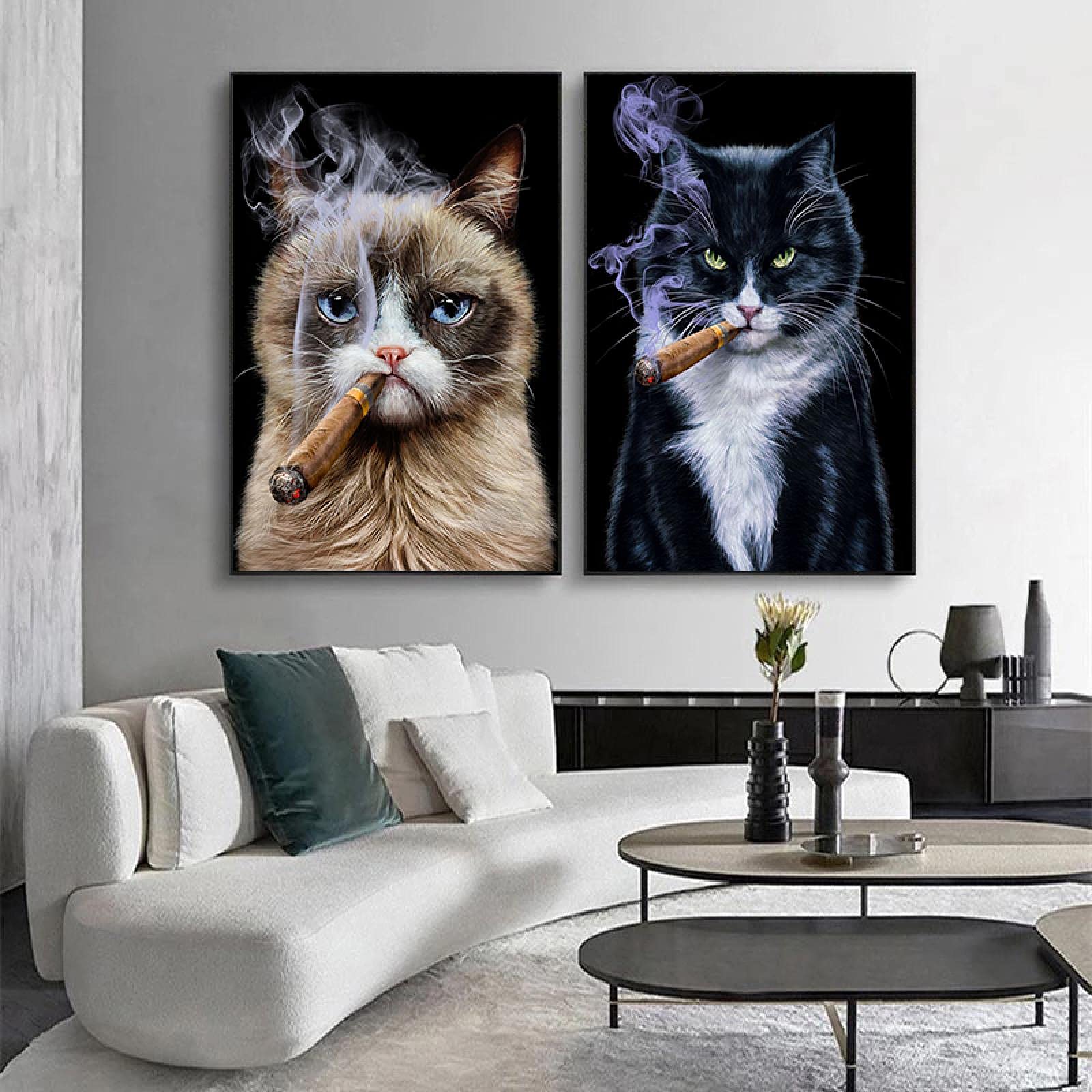 Yooyu Animals Wall Art Prints Funny Cat Art Poster Animals Smoking Canvas Picture Humor Pictures Home Room Decor Modern 60X90cm(24X35in) X2 Frameless