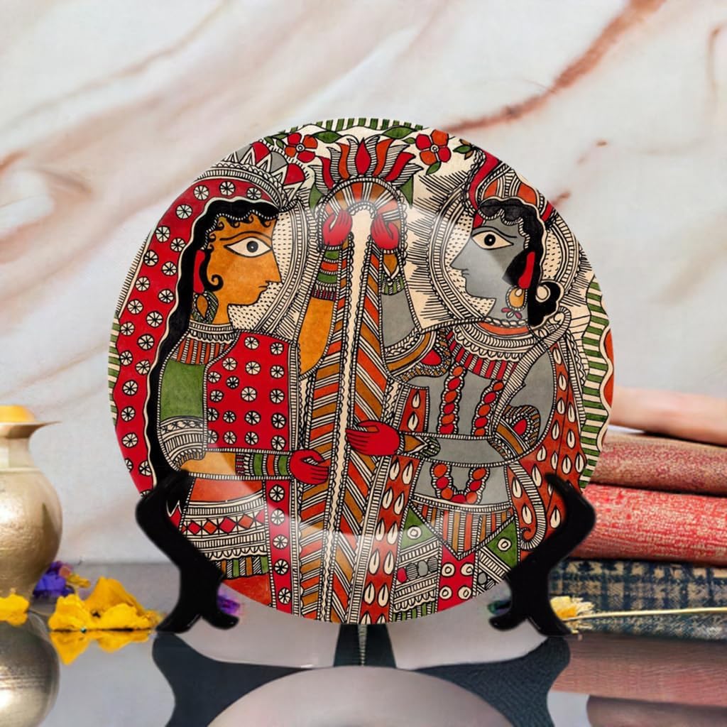 JIKRAA® Madhubani Art Ceramic Decorative Wall & Tabletop Plate – 8 Inch | Handcrafted Designer Plate for Home, Office, Café & Restaurant Décor | Hanging Wall Plate for Living Room