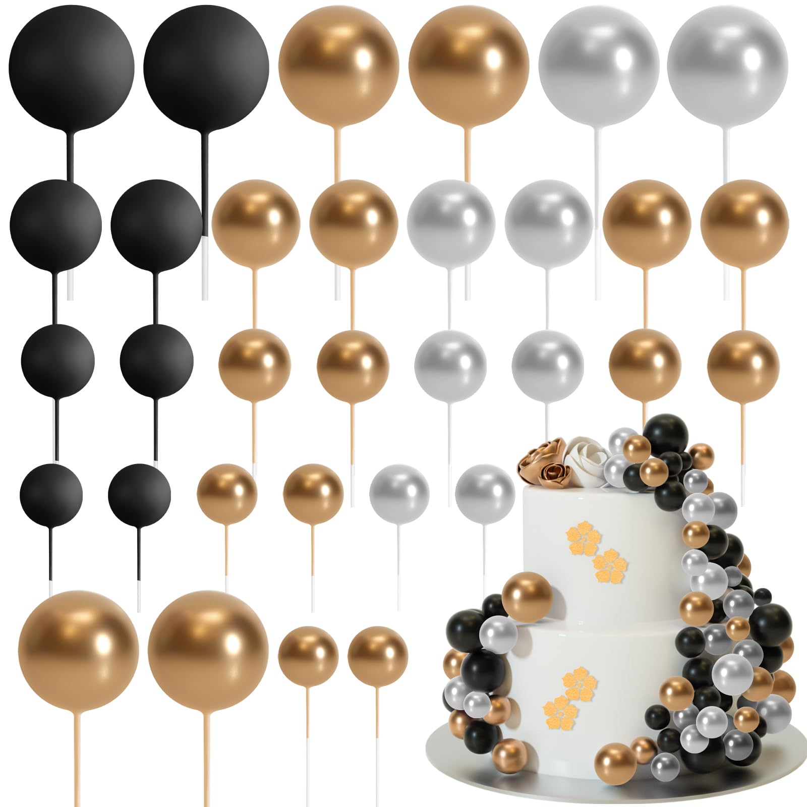 ASTARON 32 piezas de bolas para decoración de tartas, mini globos, palitos para decoración de tartas, bolas de espuma, púas para tartas para bodas, fiestas, cumpleaños (oro, plata, negro)