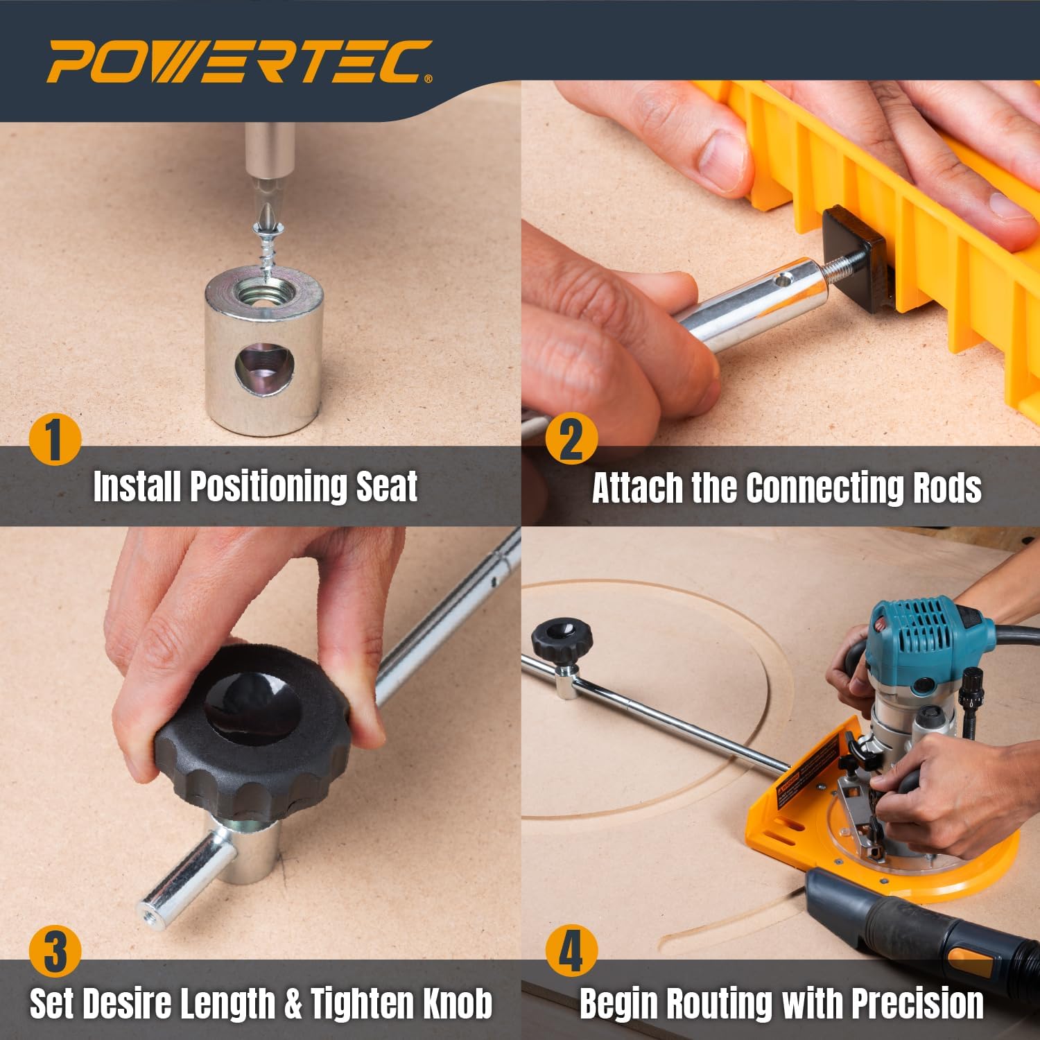 POWERTEC Router Circle Cutting Jig – Adjustable Router Template System for 11" to 54" Circles – Fits Most Routers with 1" Porter Cable Style Bushing (72243)