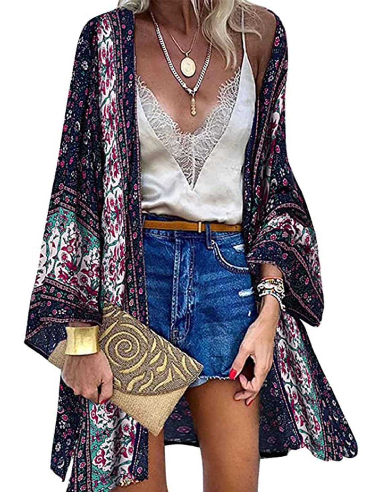 Joligiao Cárdigans de Kimono Mujer Largo Verano Playa Cárdigan de Gasa Estampado Bohemio Casual Beach Bikini Cover Up Verano Vestido Playa Traje de baño Capas Kimono Pareos