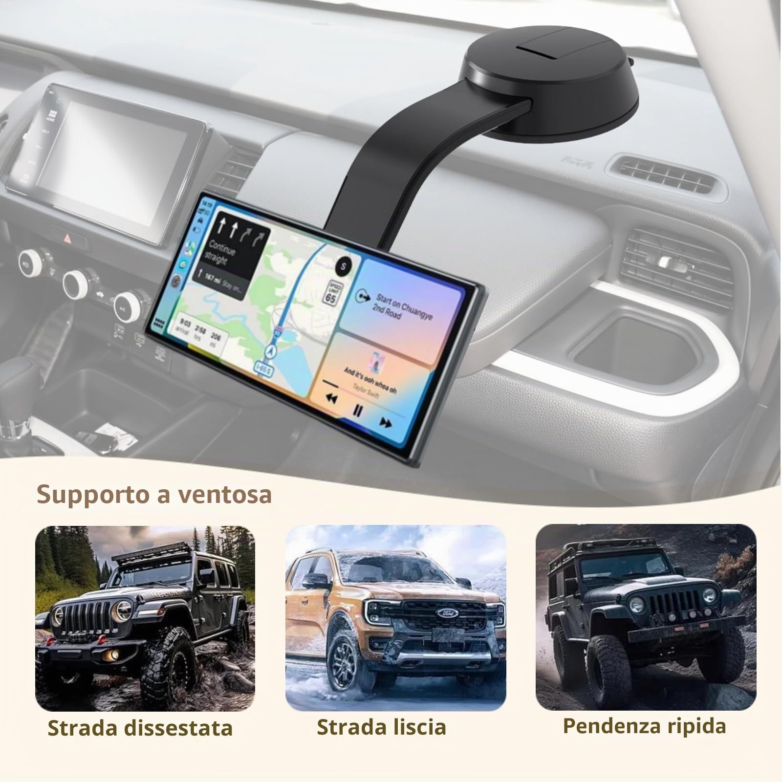 Supporto a Ventosa per schermo Carplay, Braccio Regolabile in lega di Alluminio, Supporto a Basso Profilo per Cruscotto con 78mm Disco Adesivo Resistente per Display Auto
