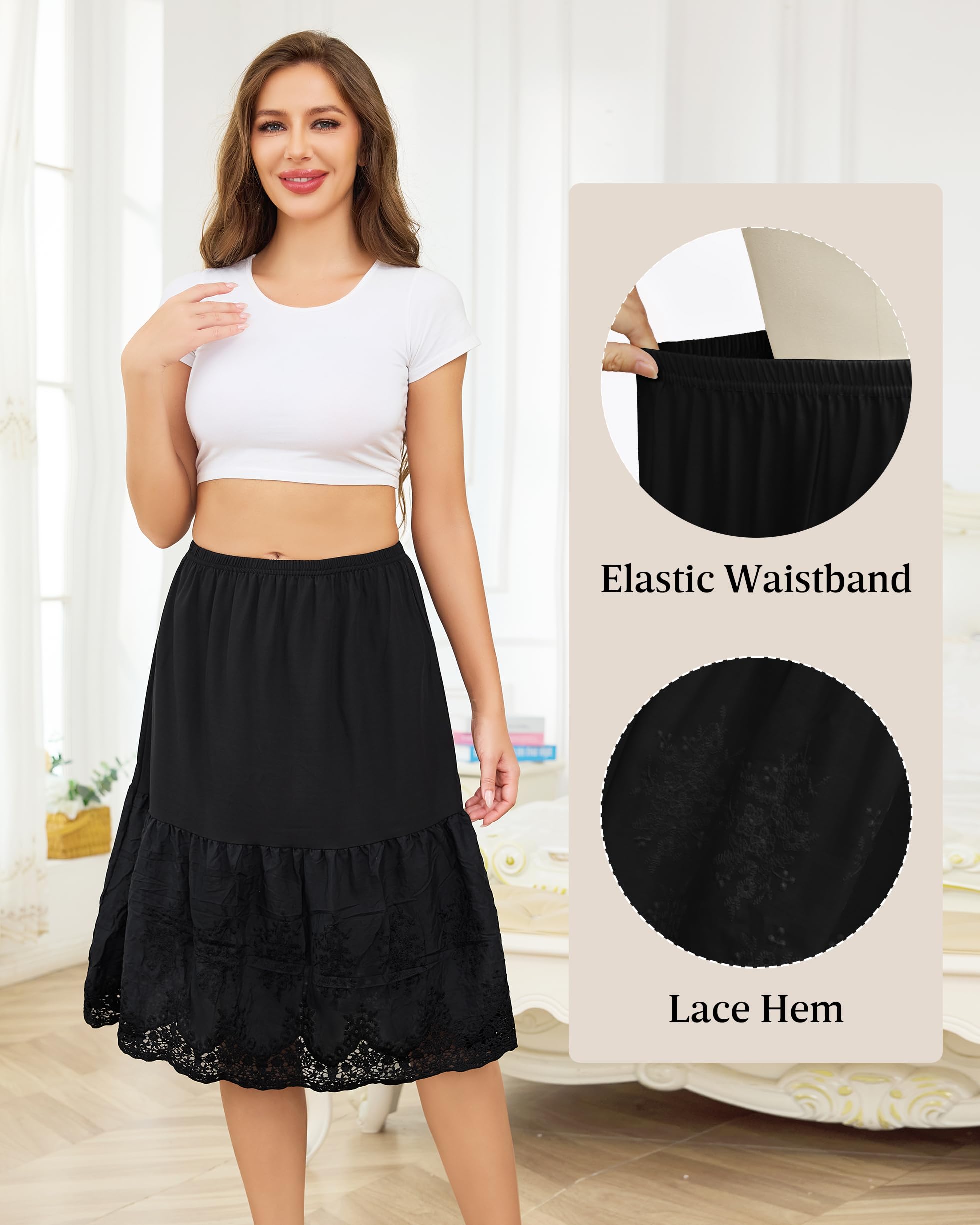 Sopesil Sottogonna da Donna in Cotone Mezza Lunghezza con Ricamo in Pizzo Sottoveste in Vita Elastica A-Linea S-XXL